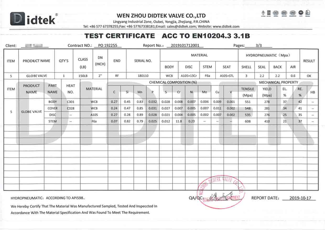 Globe Ventil Test Certificate ACC bis EN10204.3 3